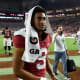 Alabama Crimson Tide quarterback Bryce Young (9) leaves the field after defeating the Vanderbilt Commodores at Bryant-Denny Stadium. Alabama won 55-3.